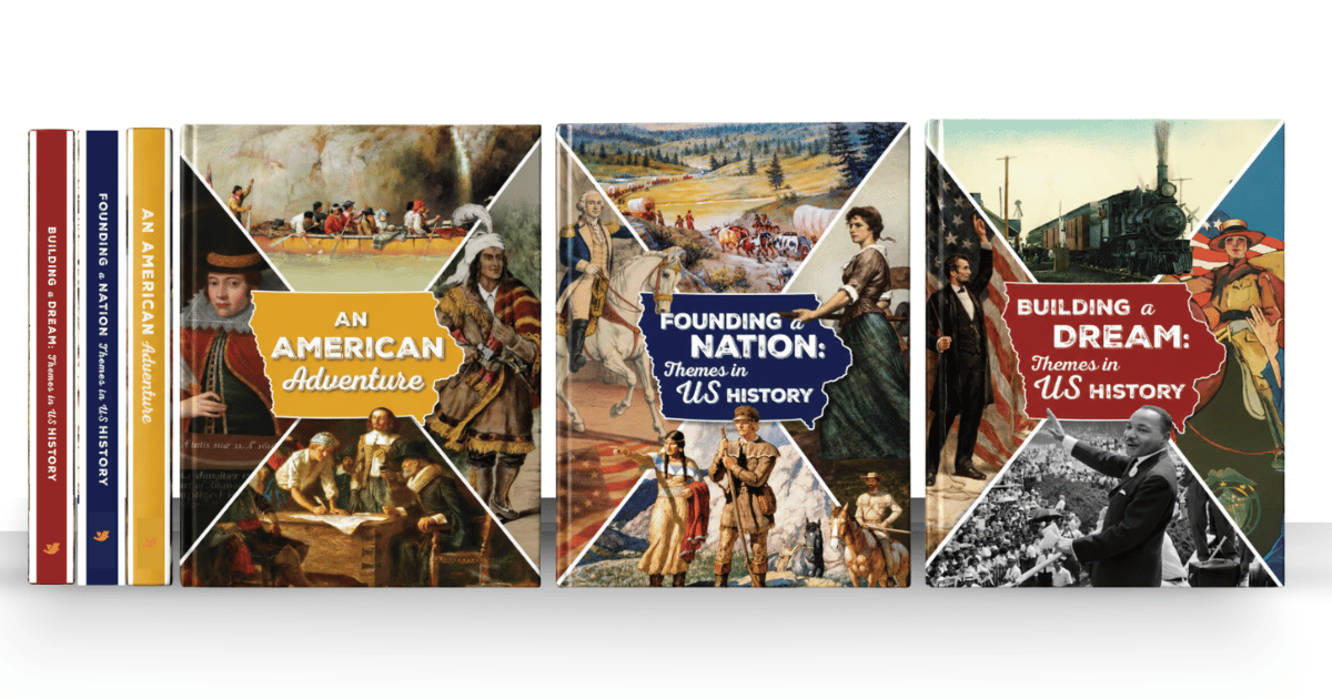 Book covers of four new Gibbs Smith Education Iowa social studies textbooks for grades 2–5.  Copy alt text